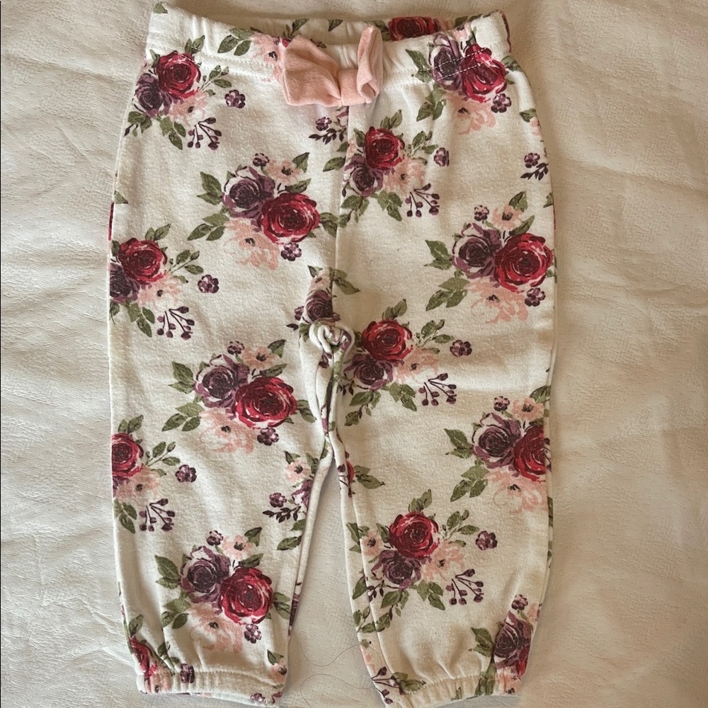 Baby Essentials White Floral Baby Jogger Pants with Pink Bow